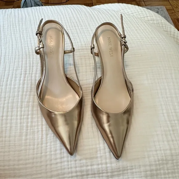 Nine West Rowen Pointed Toe Slingback Heel Bronze Gold Kitten Formal Evening 8.5 - Picture 3 of 7